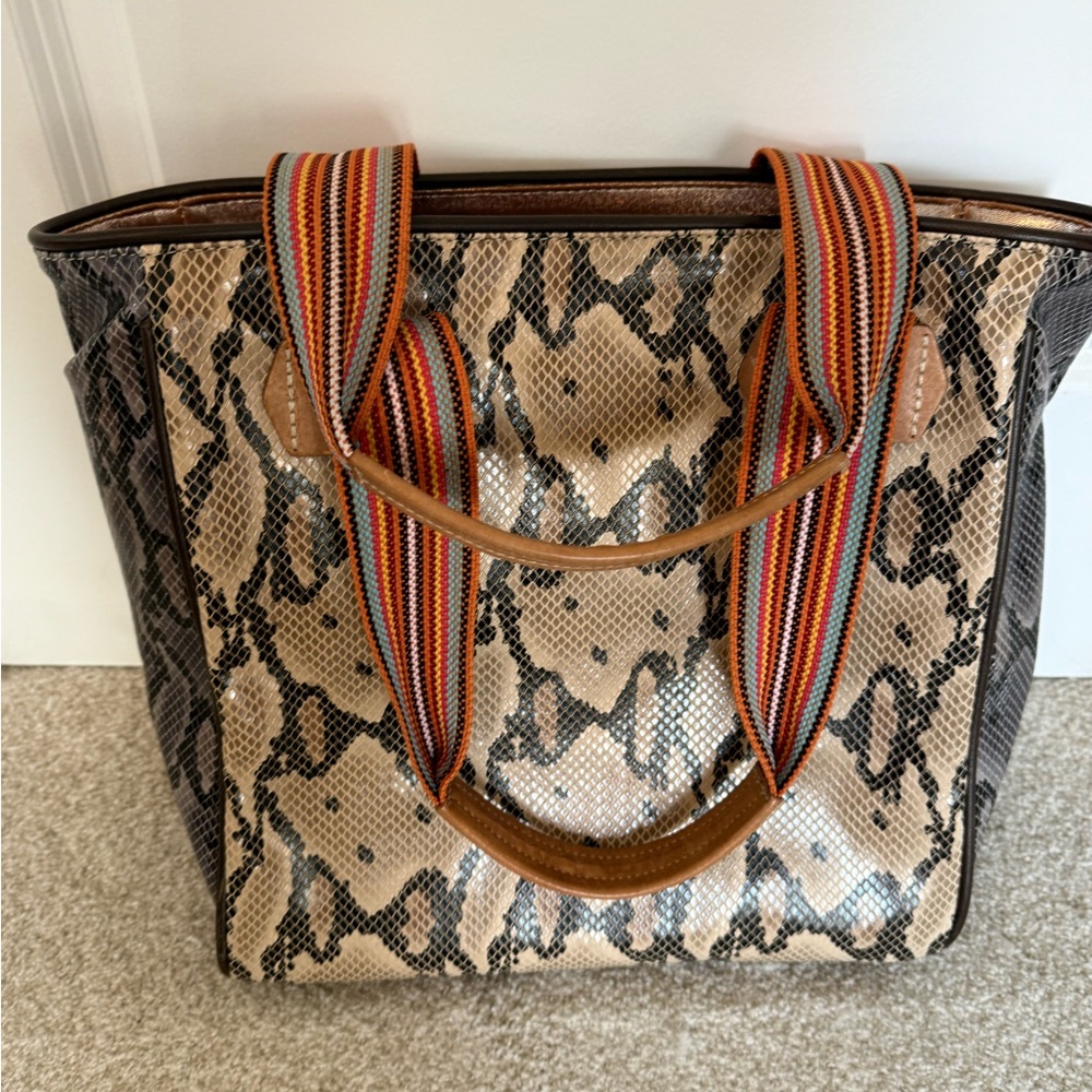 Consuela brand Snake Print Tote Bag with Striped Handles
